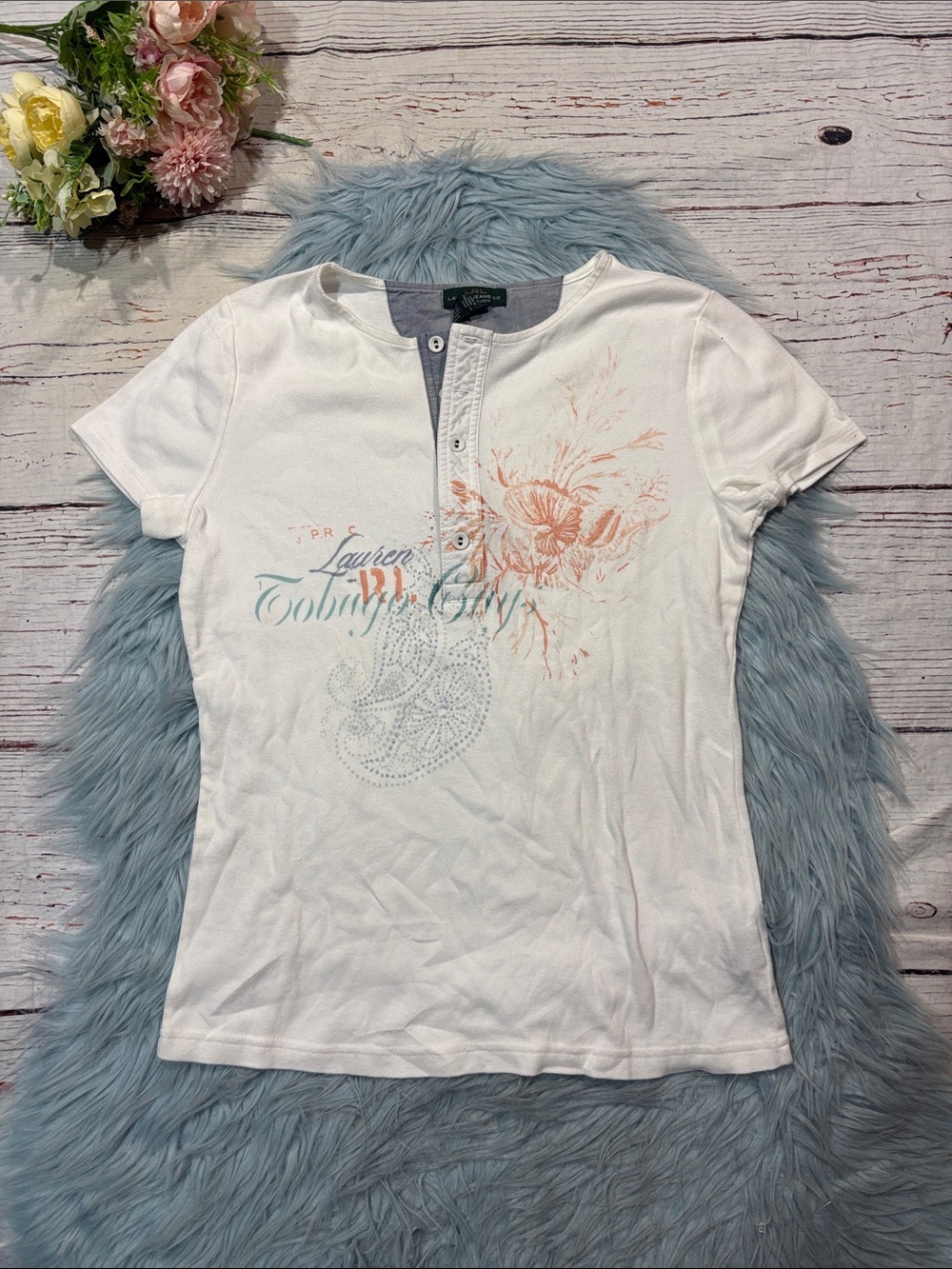 Lauren Ralph Lauren Jeans Y2K Vintage Embellished Henley Logo Top
